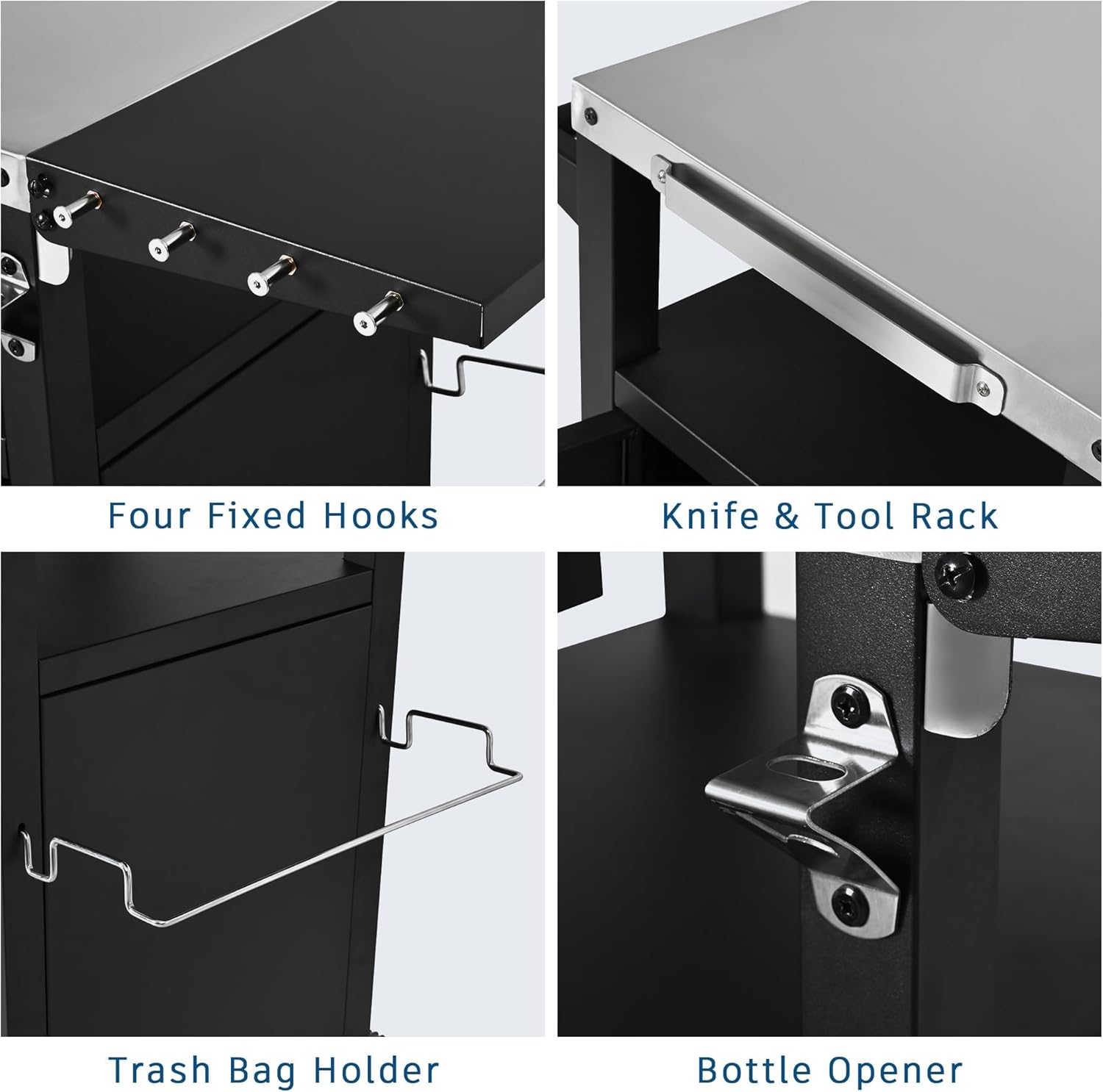 33.9" Metal Outdoor Island with Foldable Table, Kitchen Island Cart with Stainless Steel Top & Hooks & Spice Rack & Wheels, Rolling Island for BBQ, Lawn Garden, Black