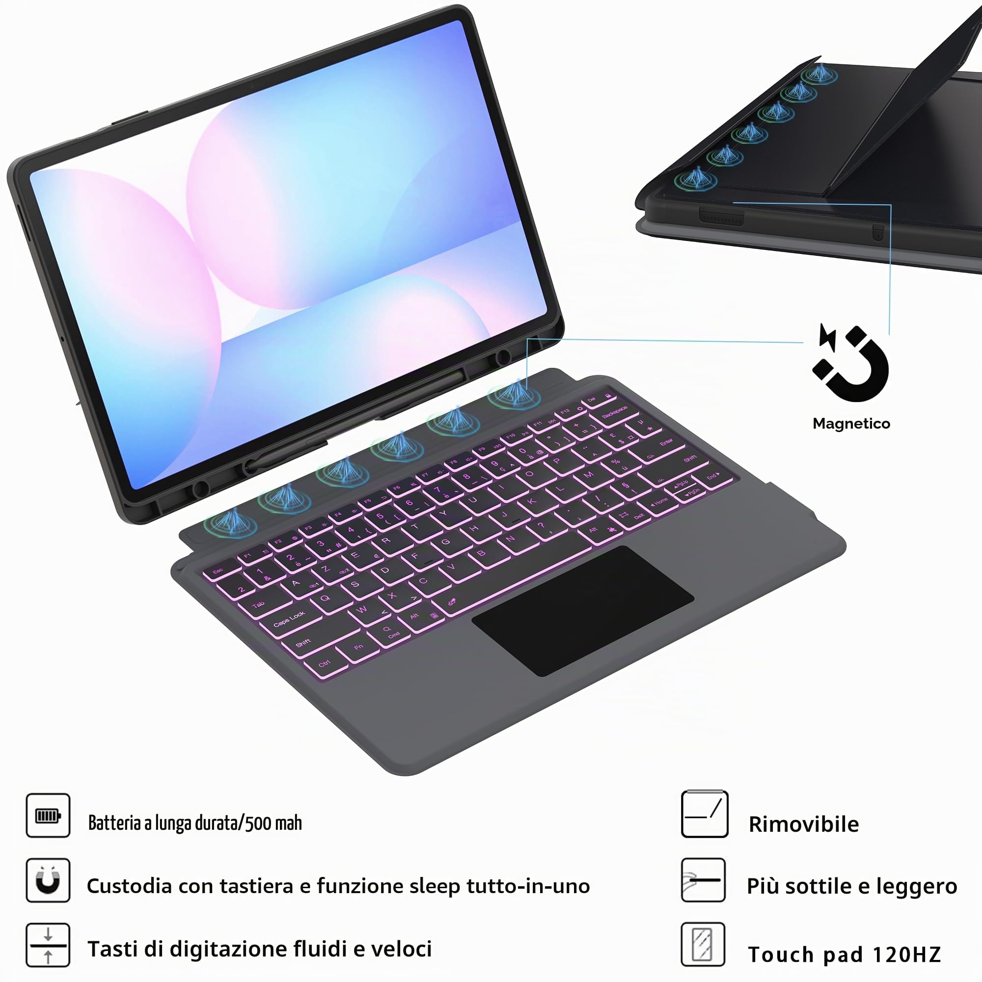 Cover tastiera per Samsung Galaxy Tab S10 FE+ Plus 13.1 pollici: 7 colori retroilluminati magnetici tastiera staccabile con trackpad | tastiere Azerty francese wireless per Galaxy Tablet S10 Fe+ 13.1