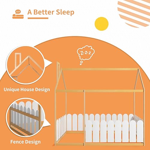 Miniatura 3 de Marco de cama de madera de alta calidad con valla tamaño matrimonial cama de cabaña cama de suelo cama de casa de tamaño individual con techo y