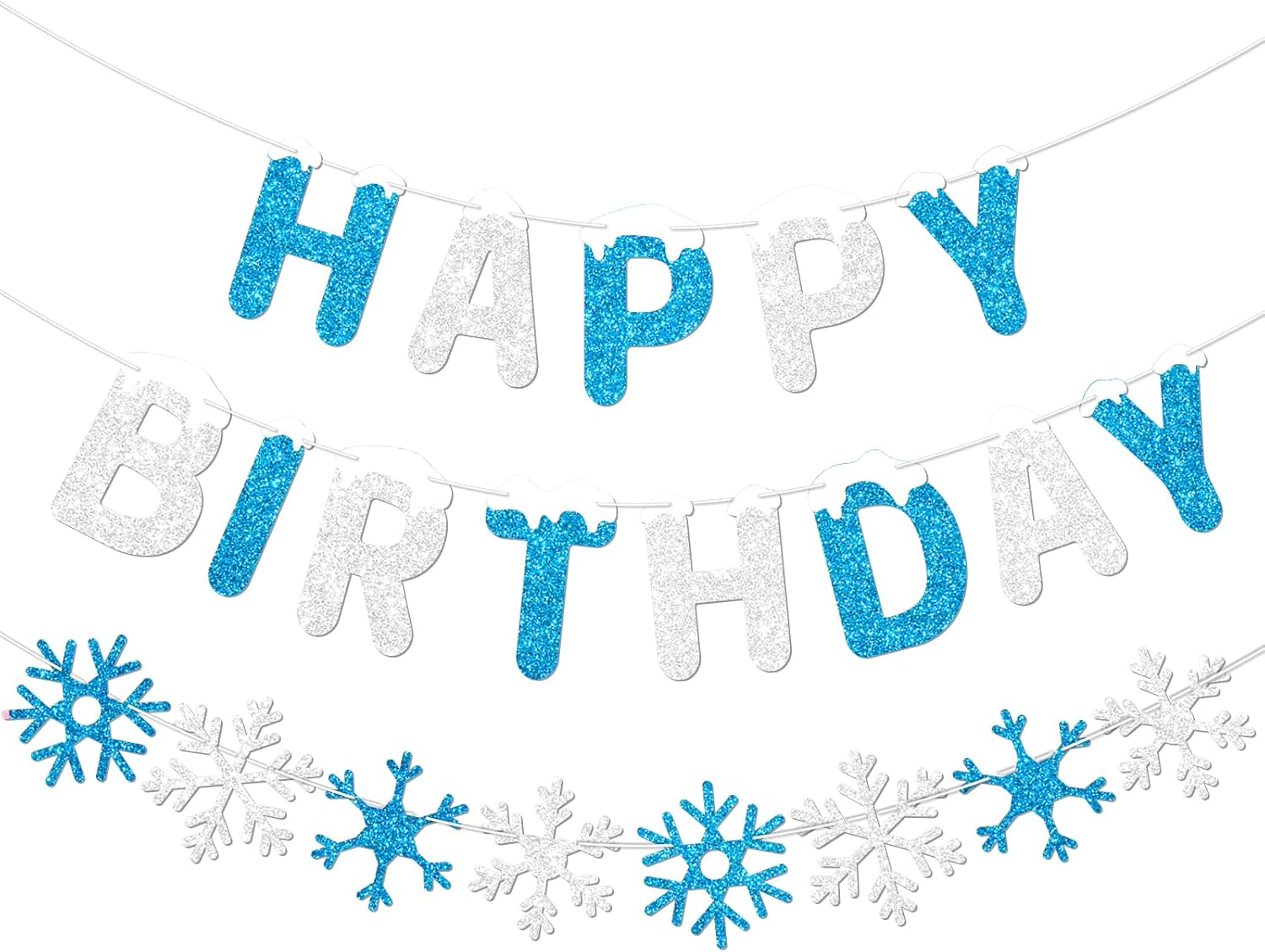 Frozen Birthday Banner, Winter Glitter Sliver and Blue Snowflake Garland for Winter Wonderland and Frozen Birthday Party Decorations, No DIY.