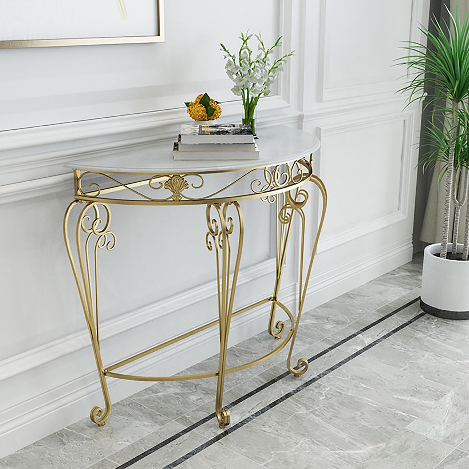 Mesa consola de media luna en mármol sintético y patas de metal elegante 80x40x80cm