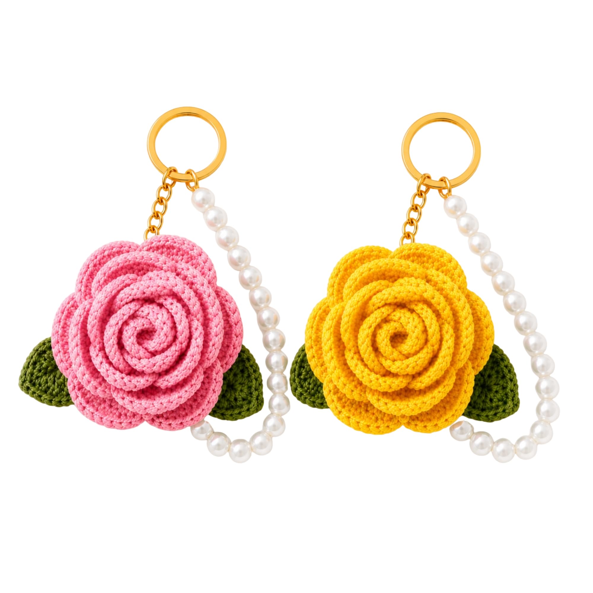 Handmade Rose Crochet Keychain Combo (Pink & Red) with Pearl String, Cute Flower Keyring Set, Valentine Gift for Girlfriend-image-6