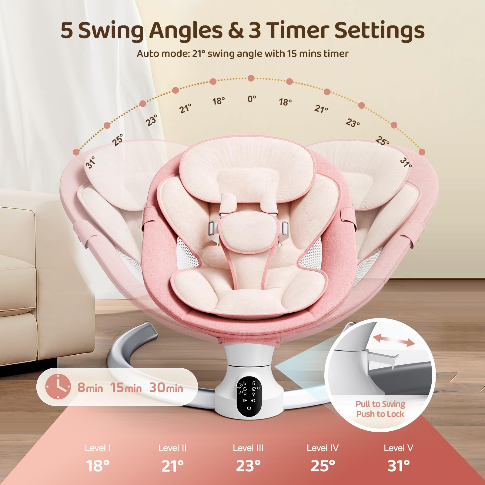 Sdraietta Neonati Elettrica 0-9 kg, Dondolo Neonati Elettrico con Telecomando e Bluetooth, Sdraietta con 5 Ampiezza di Dondolio e Cintura di Sicurezza a 5 Punti,Rete per Insetti (Rosa)