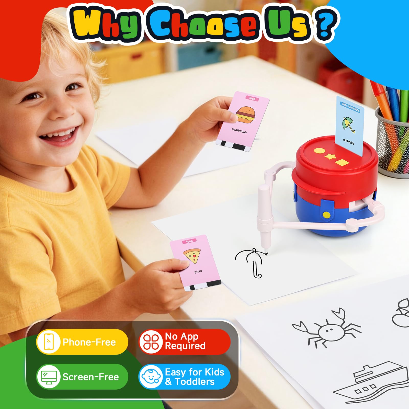 Kids Drawing Robot de Dibujo para Niños con Función de Voz 100 Tarjetas y Lápices Robot Juguete Educativo Interactivo Regalo Cumpleaños Navidad para Niños y Niñas