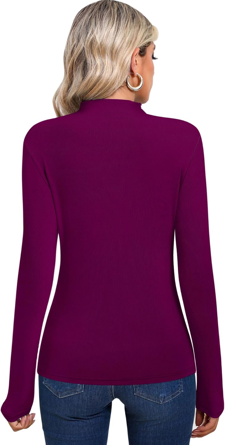 huukeay 3 pack women's ribbed mock turtleneck tops long sleeve lettuce trim neck t shirts slim fit basic undershirt tee black, navy blue, fuchsia large