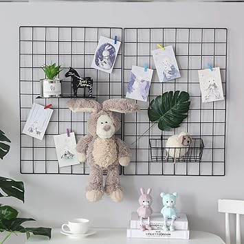 2 Pack Wall Grid Panel with Clips Hanging Photo Display Shelf Wire Notice Board Metal Grid Rack Art Organizer Home, Office & Kitchen Décor Mesh Picture Board