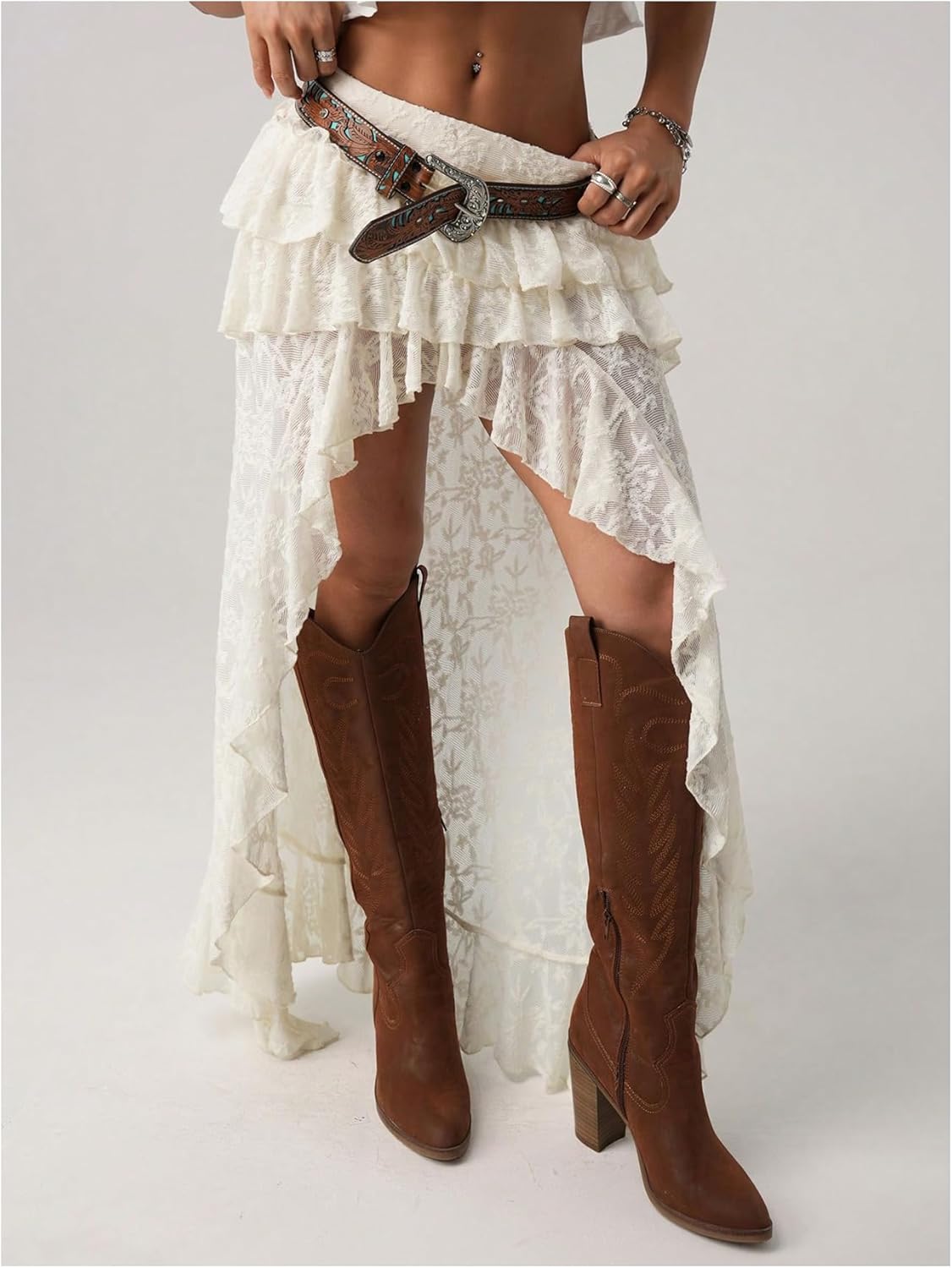 SHENHE Women's High Low Lace Skirt Low Rise Layered Ruffle Western Boho Hippie Fairy Long Skirt - Image 4