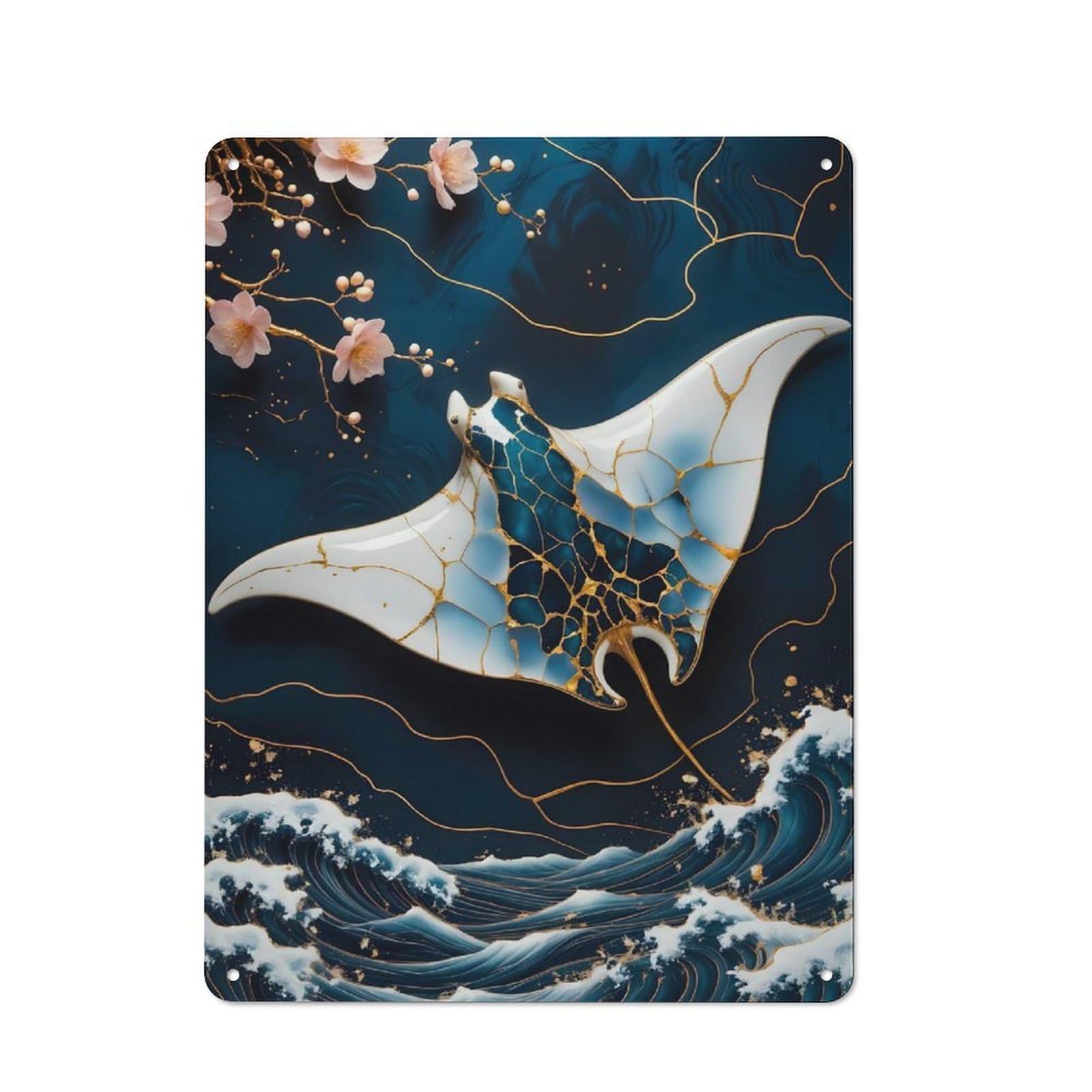 Nostalgic Manta Ray Kintsugi Art Metal Wall Sign 40x30cm, Bar Wall Plaque for Pub, Home Bar, Shed Or Man Cave