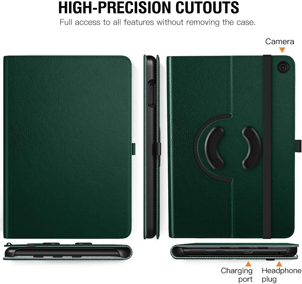 TiMOVO Case for All-New Kindle Fire HD 8 Tablet and Fire HD 8 Plus Tablet (10th Generation, 2020 Release), 90 Degree Rotating Swivel Leather Cover Case with Auto Wake/Sleep - Midnight Green