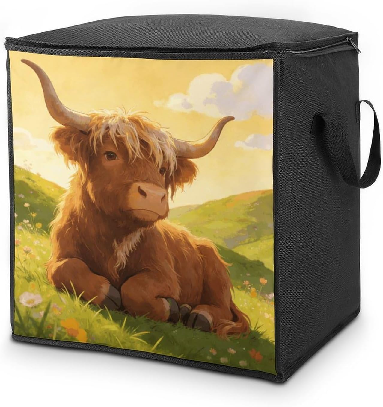 Highland Cow Chillin Storage Bag with Zippers And Handle Extra Large Bedding Comforter Storage Bag Foldable Blanket Storage Bags Fabric Moving Bags for Closet Organizer (70L)