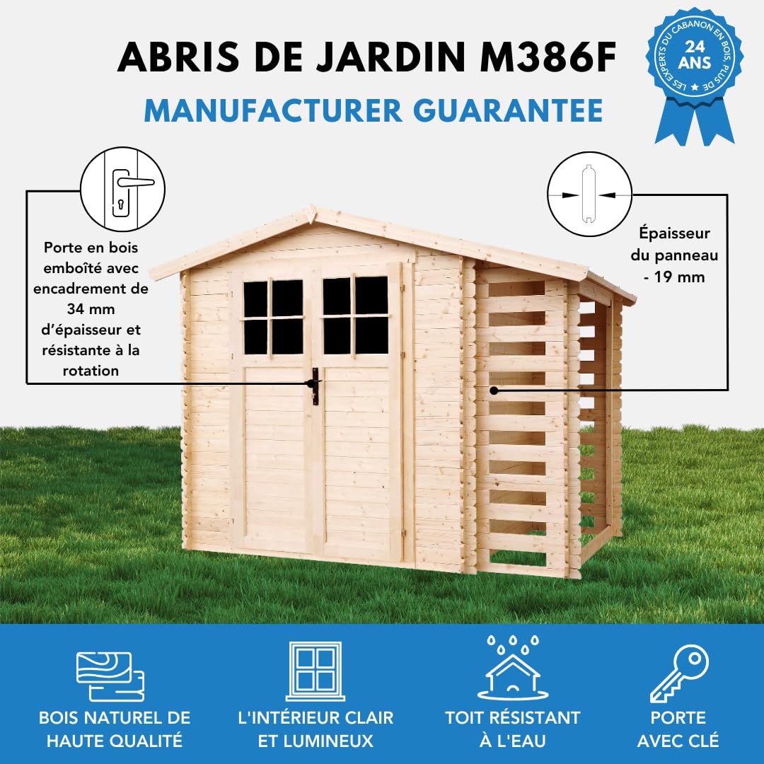 Abri de Jardin en Bois et Range bûches extérieur - Porte verrouillable de Haute qualité - Stockage extérieur I206xL272xH218 cm/ 3,53 + 0,97 m2 Petit abri à Outils, Local à vélos TIMBELA M386F