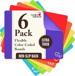 Cooler Kitchen Extra Thick Flexible Cutting Mats Set of 6 - Color Coded Food Icons, Non-Slip Waffle Back, Dishwasher Safe 12x15 Inch