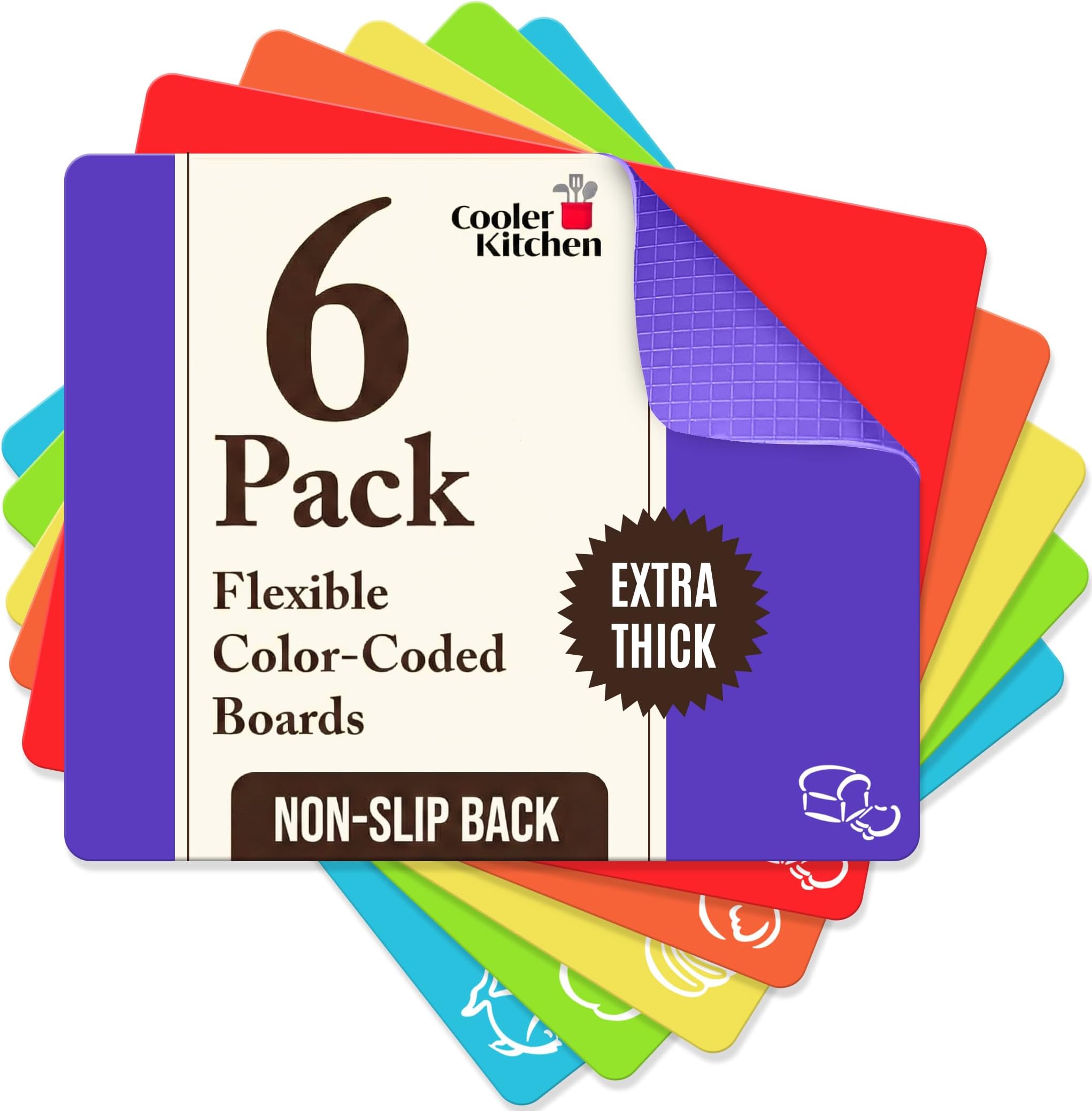 Cooler Kitchen Extra Thick Flexible Plastic Chopping Board Mats with Food Icons & EZ-Grip Waffle Back (Set of 6) - Colour Coded Chopping Boards for Kitchen - Dishwasher Safe BPA Free