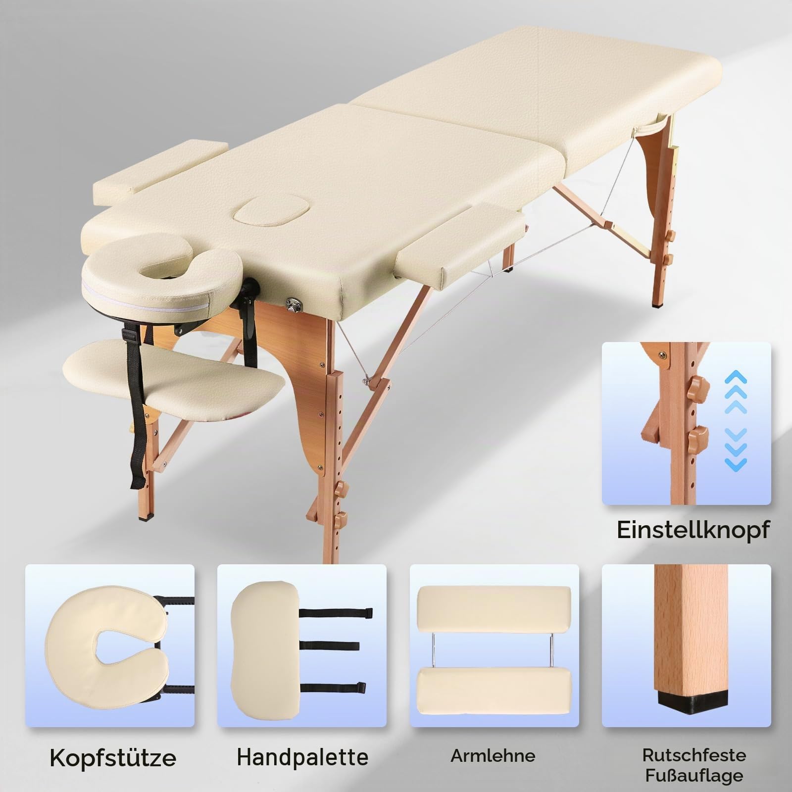 BODIOO Massageliege Mobile Massagetisch mit Holzfüßen 2-Zonen höhenverstellbar Tragebares Massagebett inkl. Kopfstütze & Armlehnen 213 × 60 x 88 cm bis 250 kg Belastbar-Cremefarben