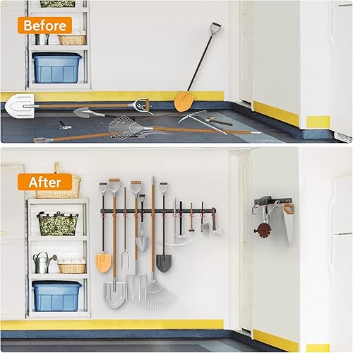 Miniatura 6 de WALMANN Organizador de herramientas de jardín de montaje en pared de metal de 64 pulgadas para garaje, soporte para trapeador y escoba, estante de