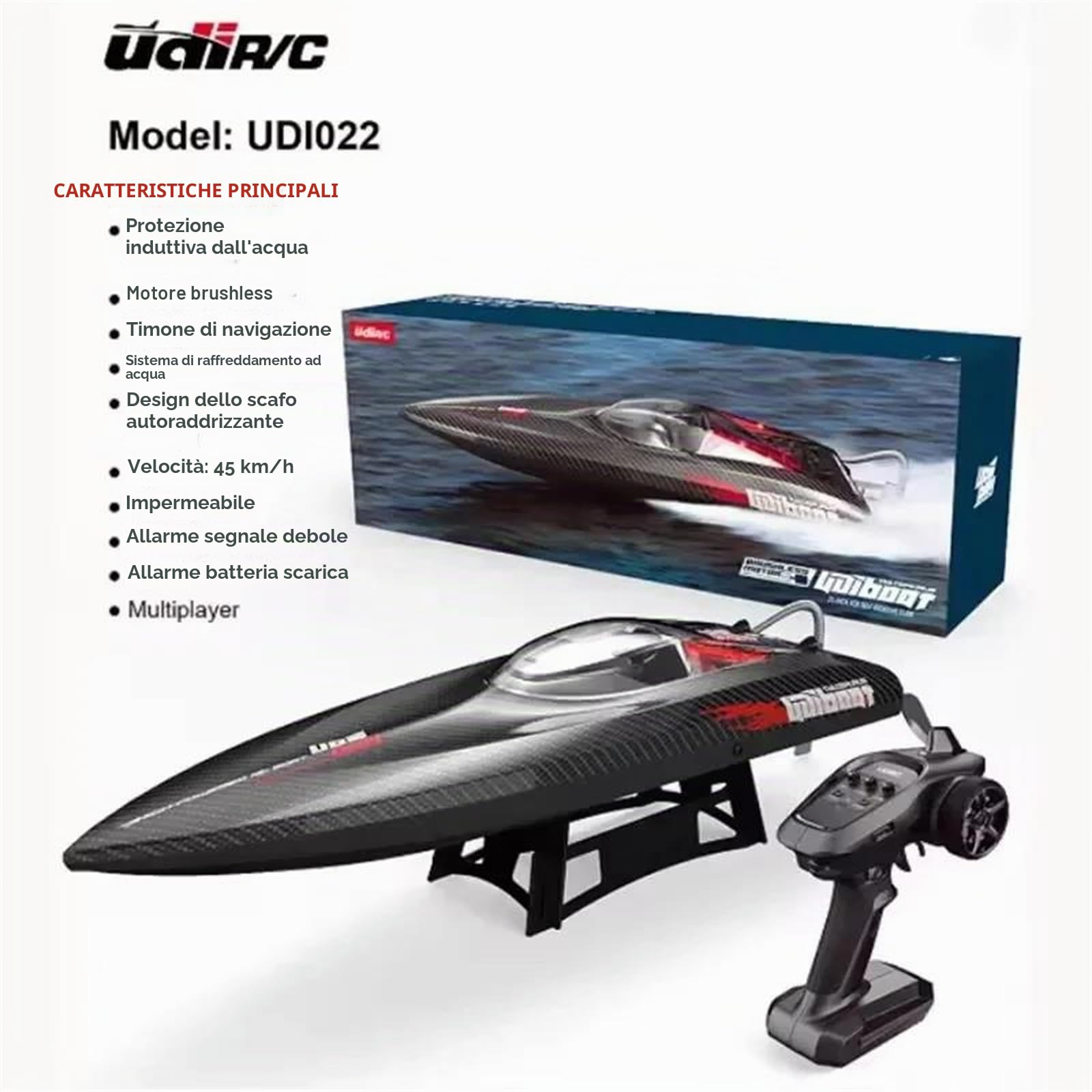 Udi022 motoscafo rc brushless 50 km/h 2.4ghz autoraddrizzante ad Alta velocità Barca telecomandata Sistema di Raffreddamento ad Acqua per Gare in Laghi, Piscine e stagni,Dual Battery