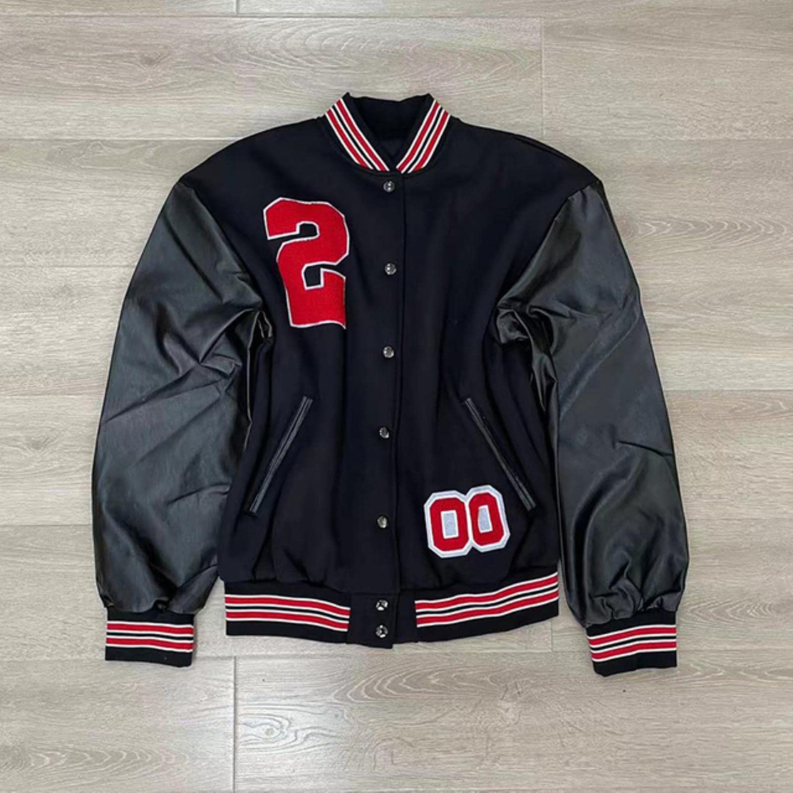 Wdhybwcx Women's Black Red Jackets Coat Hip Hop Baseball Uniform Vintage Bomber Jacket Loose Embroidered Autumn Winter Streetwear Oversized Coats-,S