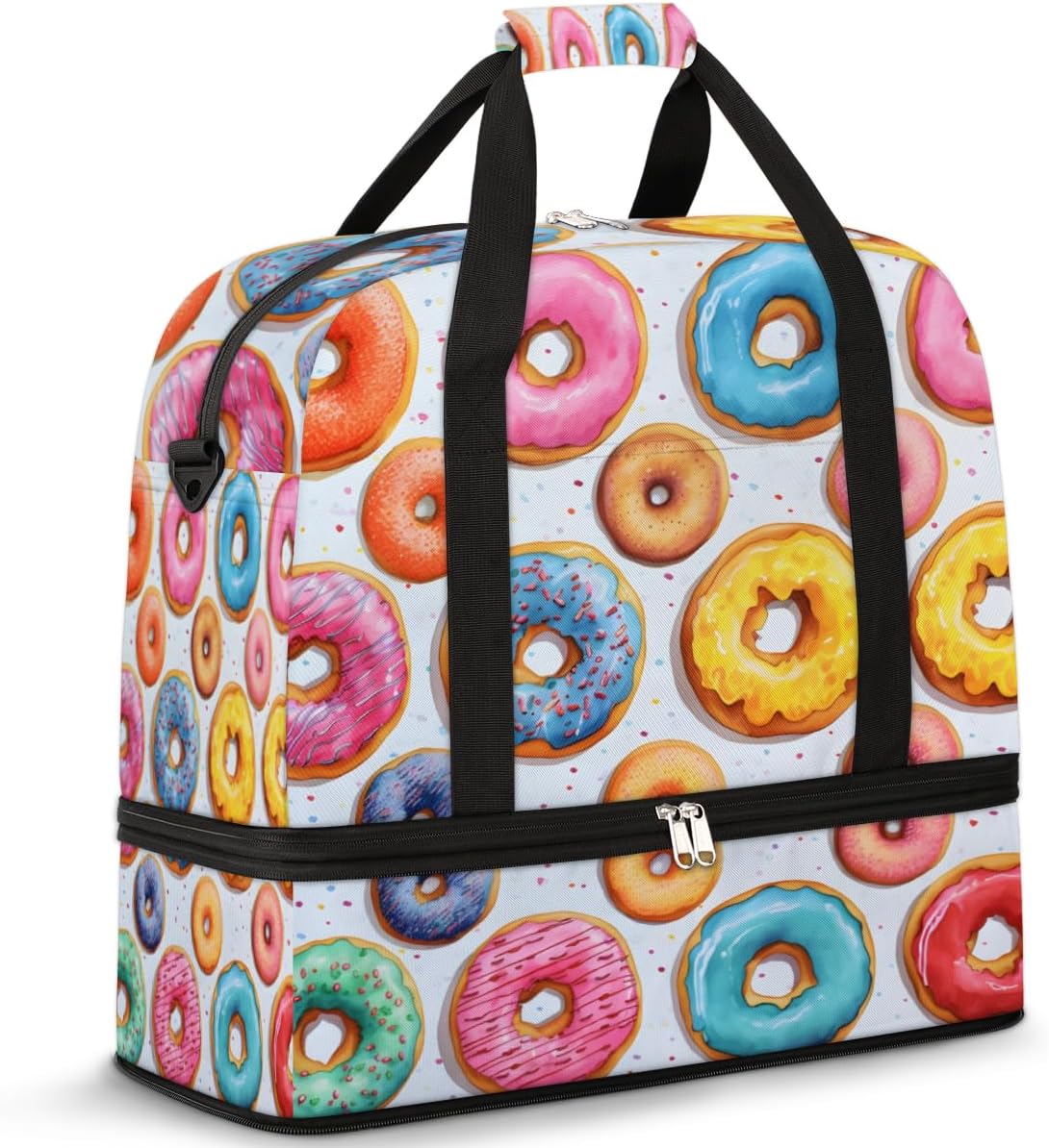 QsirBC Foods Donut Gym Bag for Women Duffle Tote with Shoes Compartment Men Weekender Duffel for Dance Travel Sports Swimming Overnight