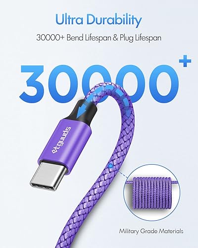Miniatura 5 de Cable largo USB C a USB C de 10 pies morado, paquete de 2 cables de carga rápida de 60 W tipo C a tipo C, cable de carga USBC a USBC para Samsung