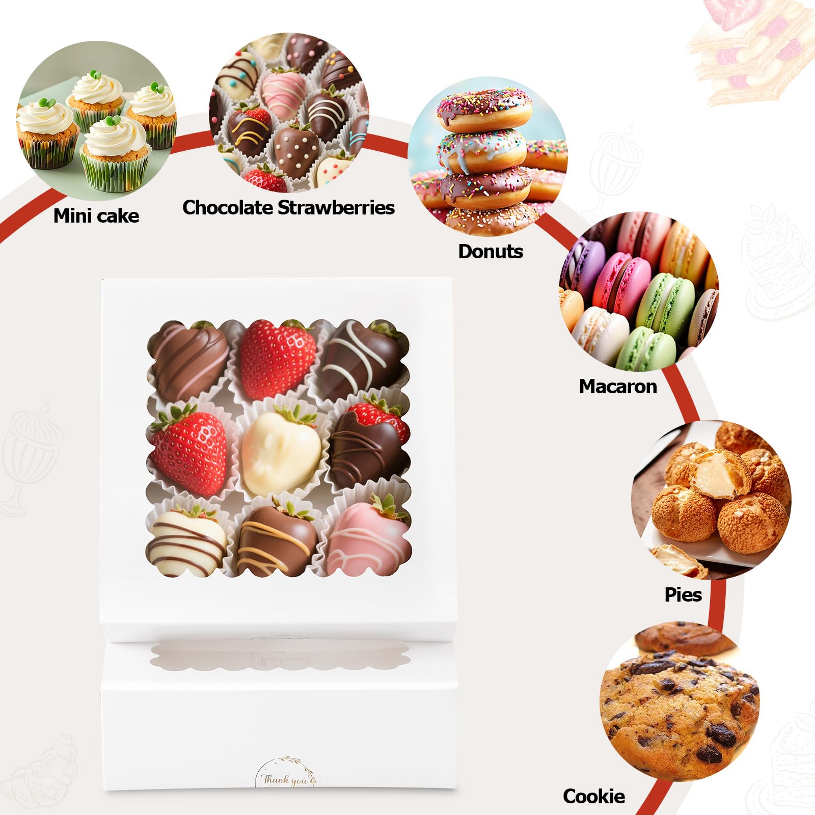 20 cajas de panadería con ventana, 8 x 8 x 2.5 pulgadas, cajas blancas para postres, galletas, pastelería, fresas de chocolate y pastel