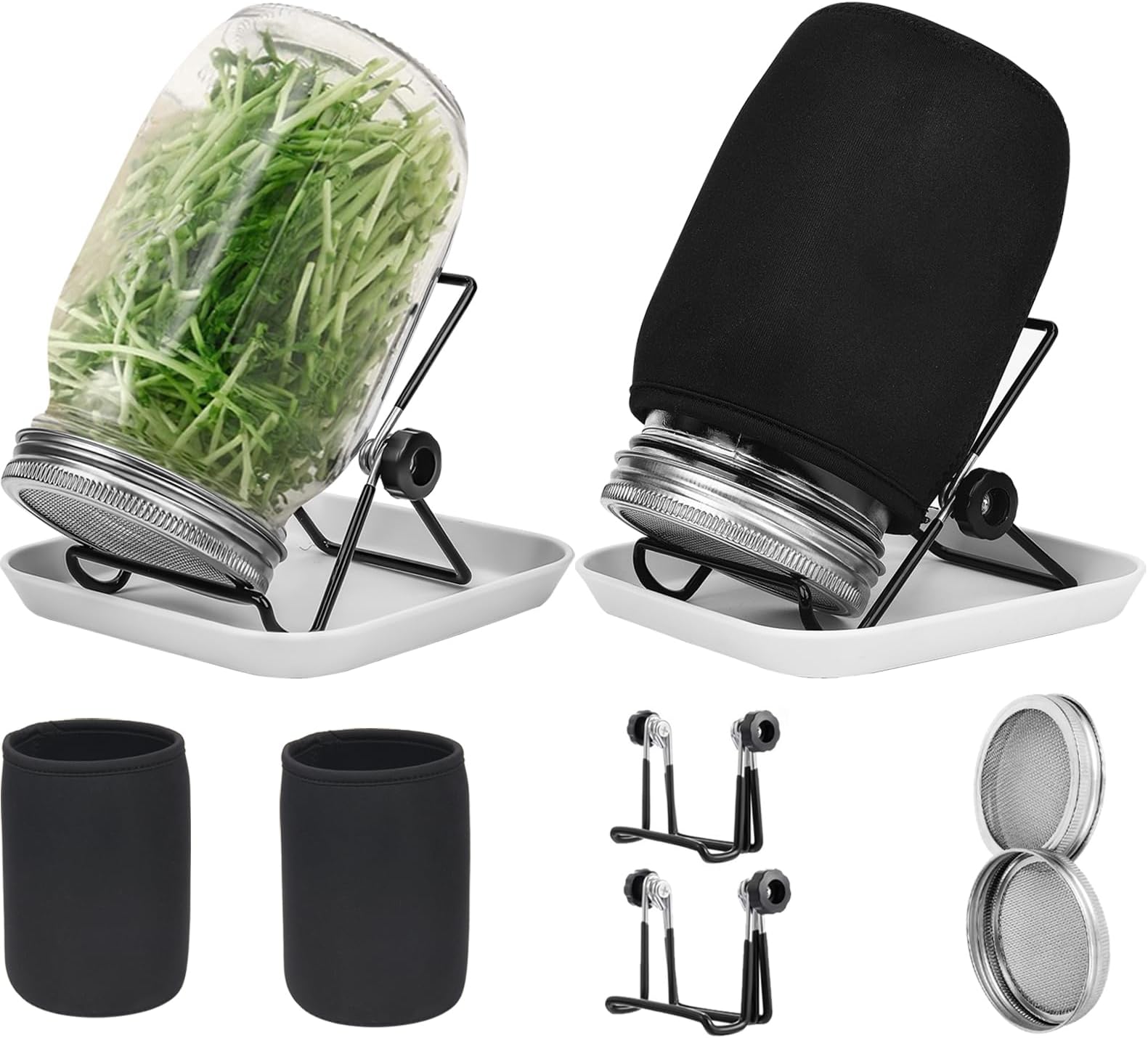 Hisredsun Seed Sprouting Jar Kit, 2pcs 1000ml Wide Mouth Quart Mason Jars with Stainless Steel Screen Sprout Lids,86mm Caliber,with Tray,Stand,Shading Cloth and Canning Brush,for Making Seeds Sprouts