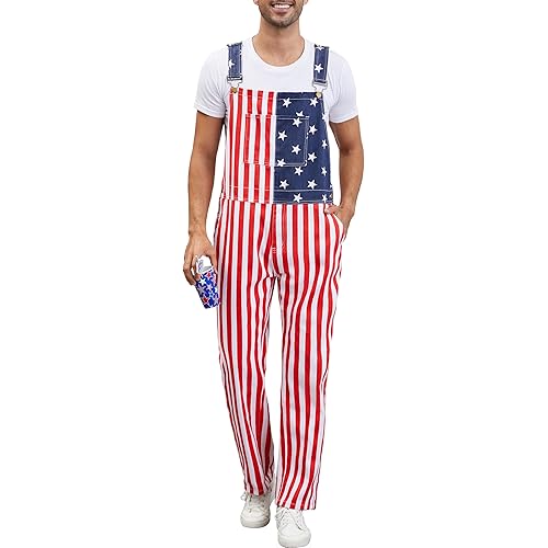 WIRDATRD Men Women American Flag Overalls Denim Bibs USA Jumpsuit Red White and Blue Romper