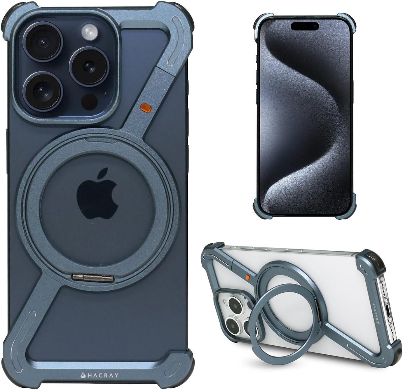 HR26887i15PR Bumper Case for iPhone 15 Pro, 360° Rotation, Magsafe Ring Stand, Aluminum Material, Impact Resistant, High Durability, MagSafe Compatible, Drop Prevention, Smartphone Grip,