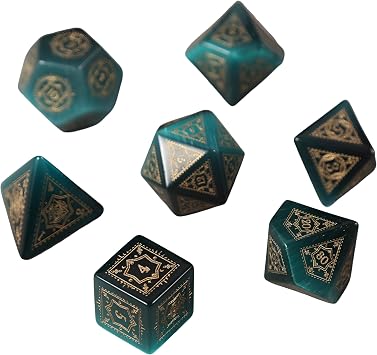 7pcs Polyhedral Dice Set Vintage Dragon Engraved Gemstone Style Dice for DND, Dungeons & Dragons, RPG Tabletop Games Peacock Blue Cats Eye