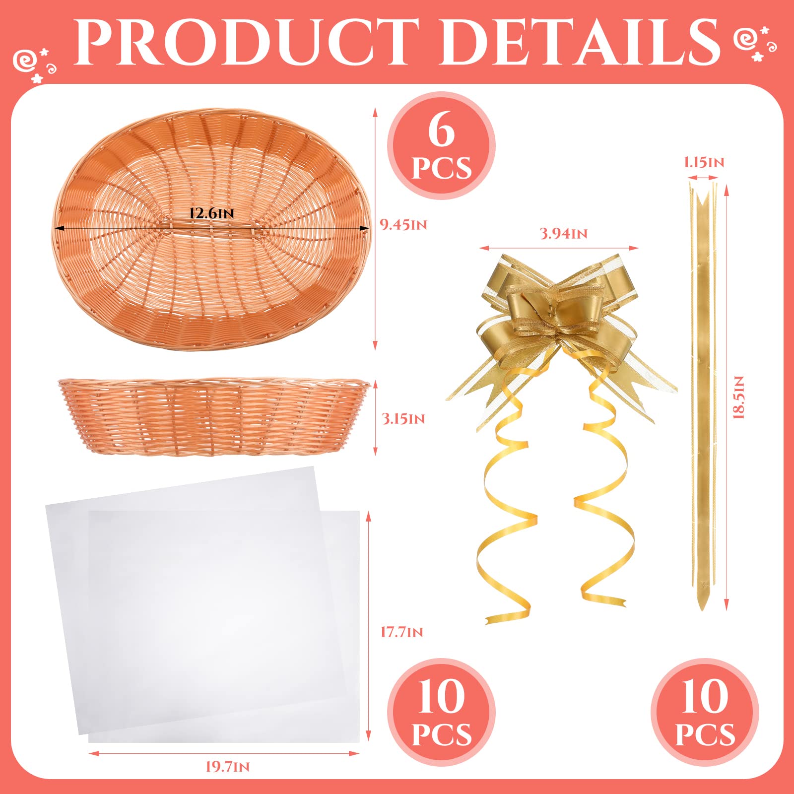 Maitys 26 Pcs Large Woven Bread Baskets Bulk for Gifts Empty Fruit Basket Gift with Clear Gift Bags and Gold Pull Bows 12.6 x 9.5 x 3.2 inch Food Storage Basket for Home Restaurant Kitchen