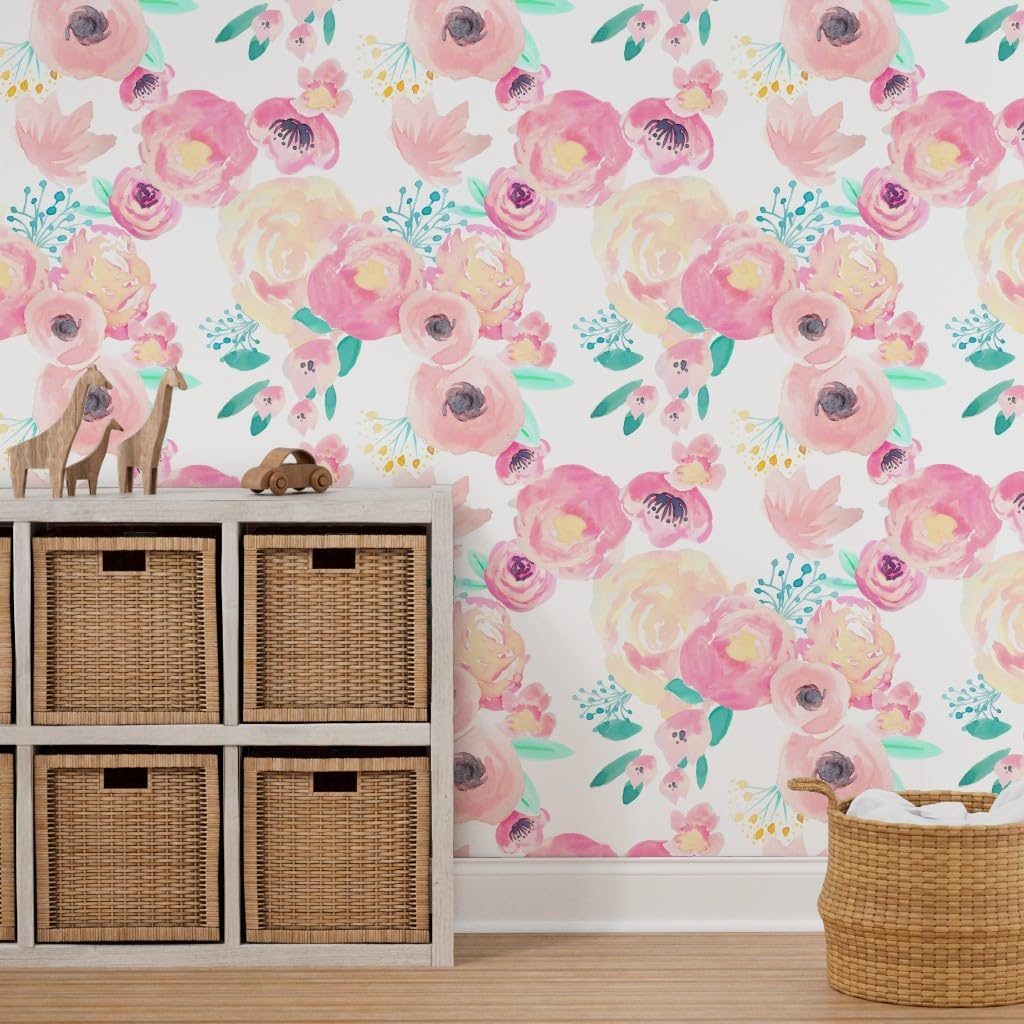 Peel & Stick Wallpaper 9ft x 2ft - Bloom Blush Baby Floral Flowers Rose Blossom Pink Wedding Custom Removable Wallpaper by Spoonflower