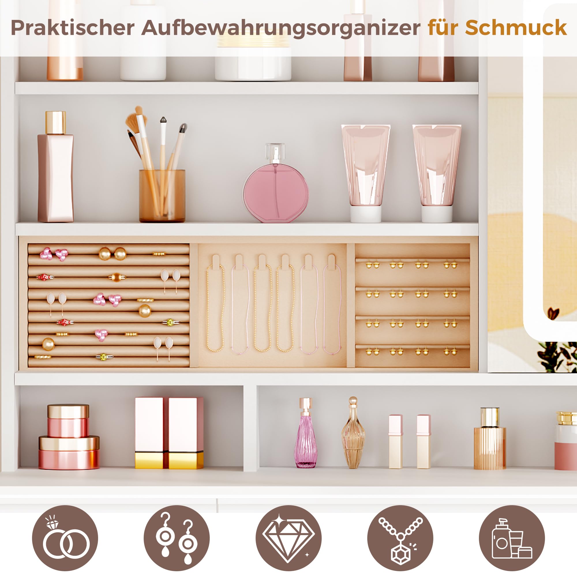 ANWBROAD Schminktisch mit LED-Beleuchtung und Spiegel, 3 Farben, Große Schminktisch mit Steckdosen 11 Schubladen 10x Vergrößerungsspiegel Schmuckaufbewahrung 3 Lichtfarben Weiß BDT99X