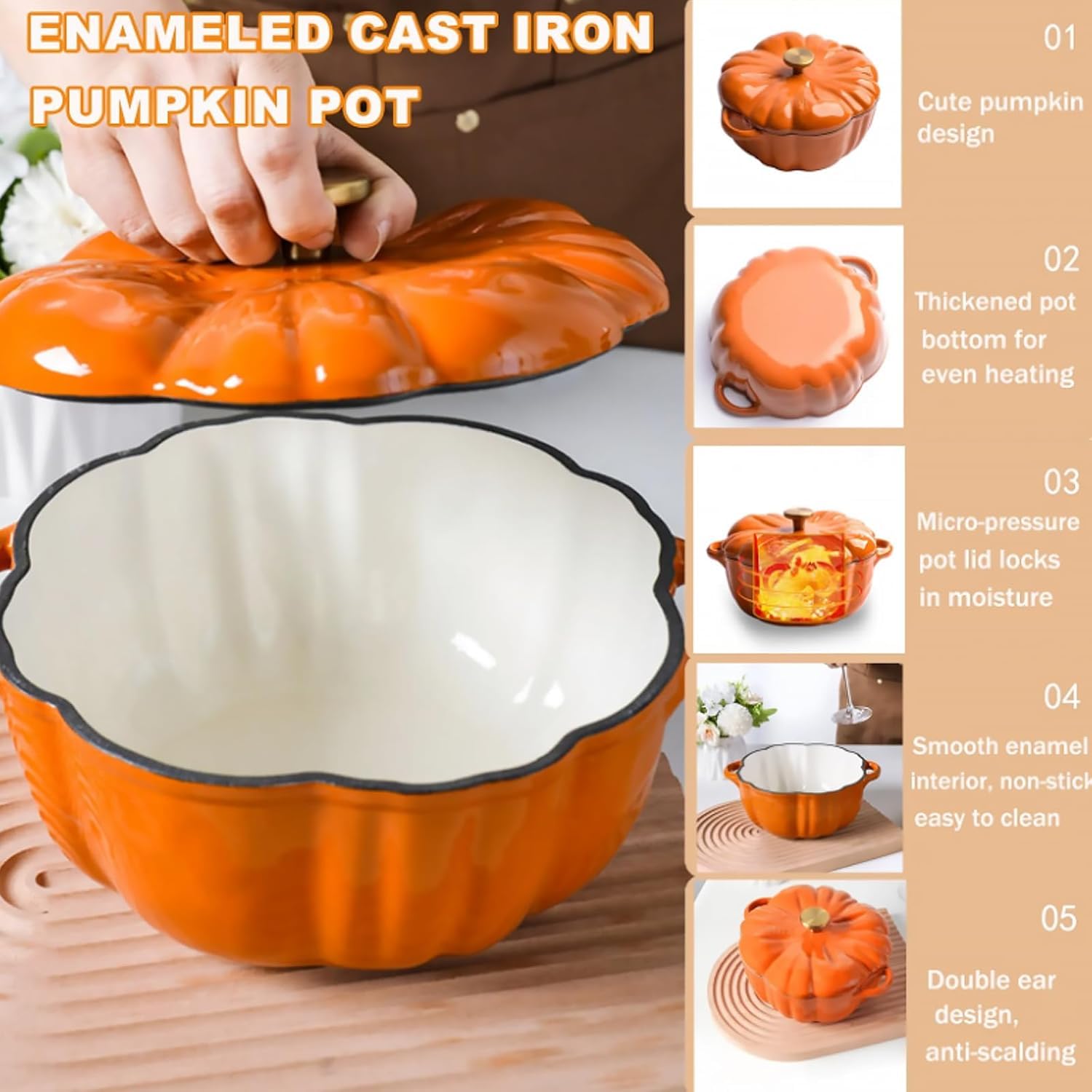 Cocotte en fonte émaillée avec couvercle – Passe au four et à la cuisinière pour Halloween, Thanksgiving et automne 1,32 l