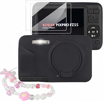 Camera Case for Kodak PIXPRO FZ55 with 2 Screen Protectors & Cute Camera Charm Wrist Strap, Soft Silicone Protective Case with Lens Cover for Kodak PIXPRO FZ55 Accessories - Black
