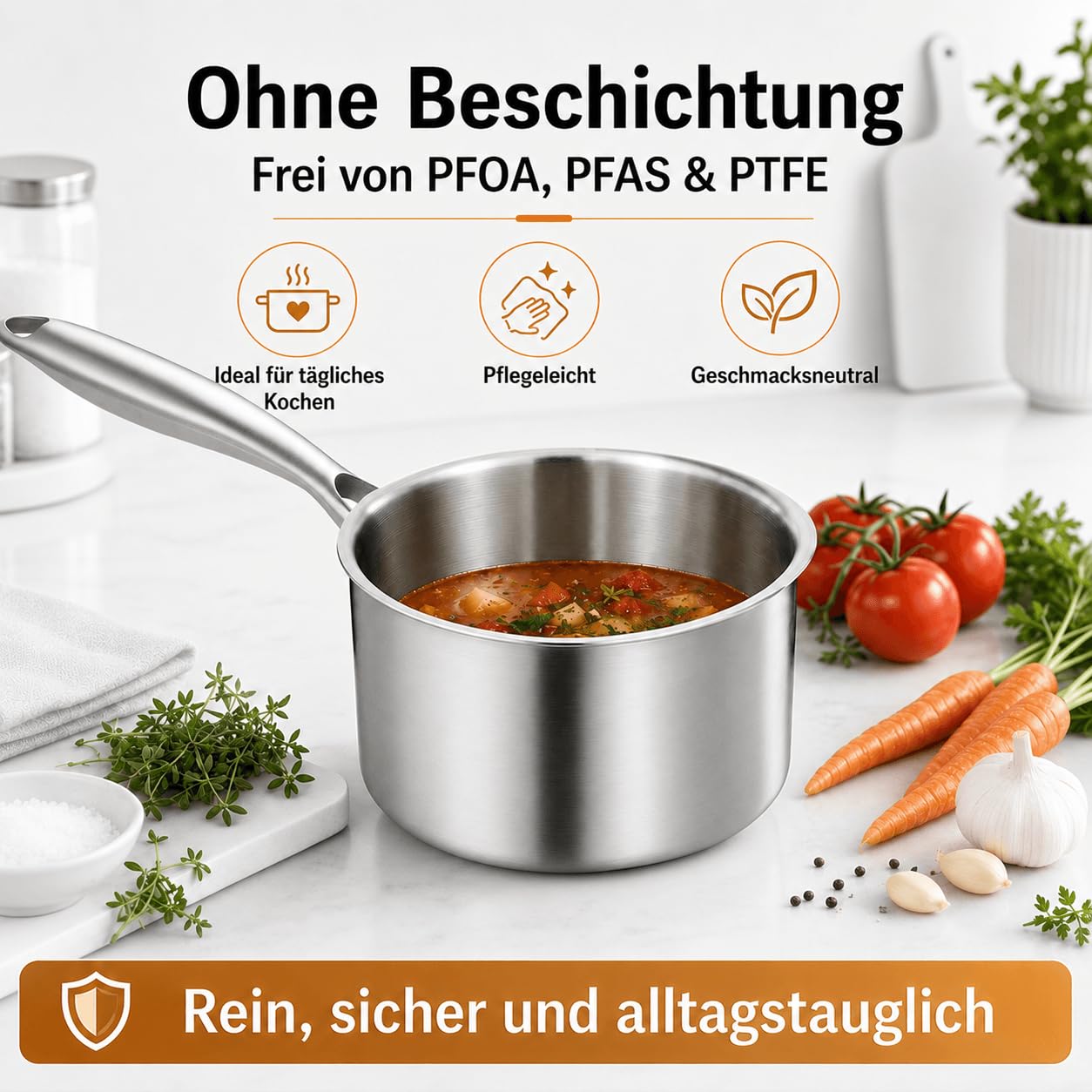 DELARLO Stielkasserolle 16 cm, 1,9 L Kochtopf mit Glasdeckel | Durchgehend 3-lagige Konstruktion, Gleichmäßiges Erhitzen, für alle Herdarten, Kühlbleibender Griff & Spülmaschinenfest