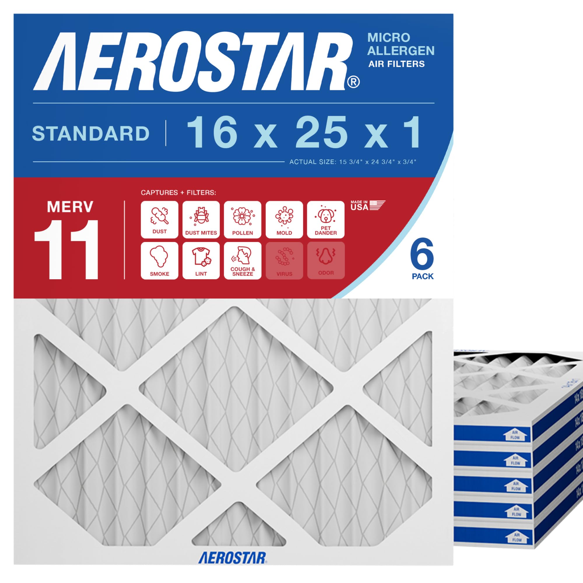 Aerostar 16x25x1 MERV 11 Air Filter, 6 Count, ACTUAL SIZE (15.75 x 24.75 x 0.75), HVAC, Air Conditioning & Furnace Filter for Dust, Pet Dander, Smoke & Allergies (MPR 1200 / FPR 7), Made in USA