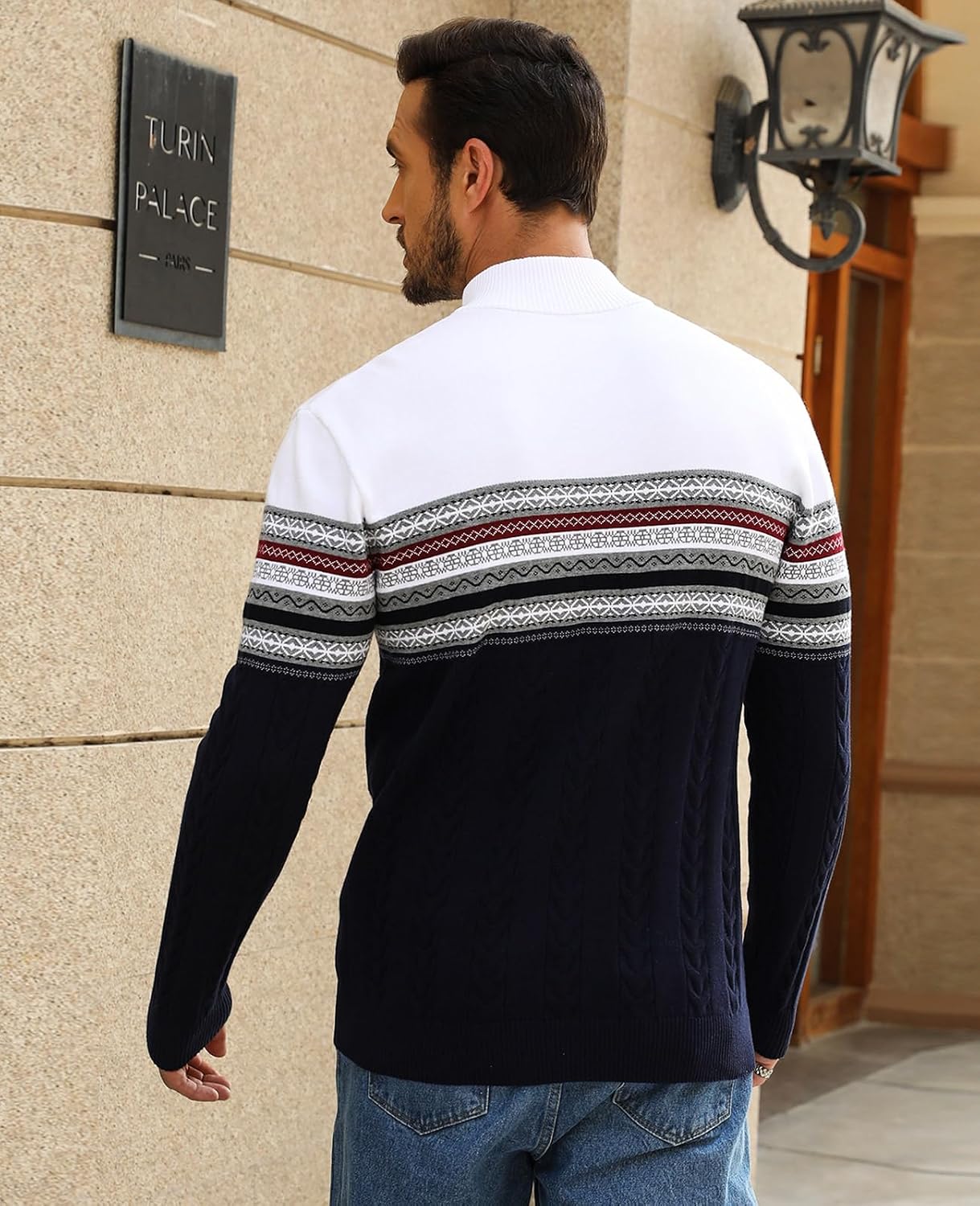 Men's Quarter-Zip Up Pullover Sweater Striped Slim Fit Sweater Casual Lightweight Warm Long Sleeve Mock Neck Sweater