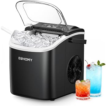 EUHOMY Small Ice Cube Machine, 12 kg Ice Cube Maker, 9 Cubes Ready in 6 Minutes, Black Ice Cube Machine with Portable Handle,