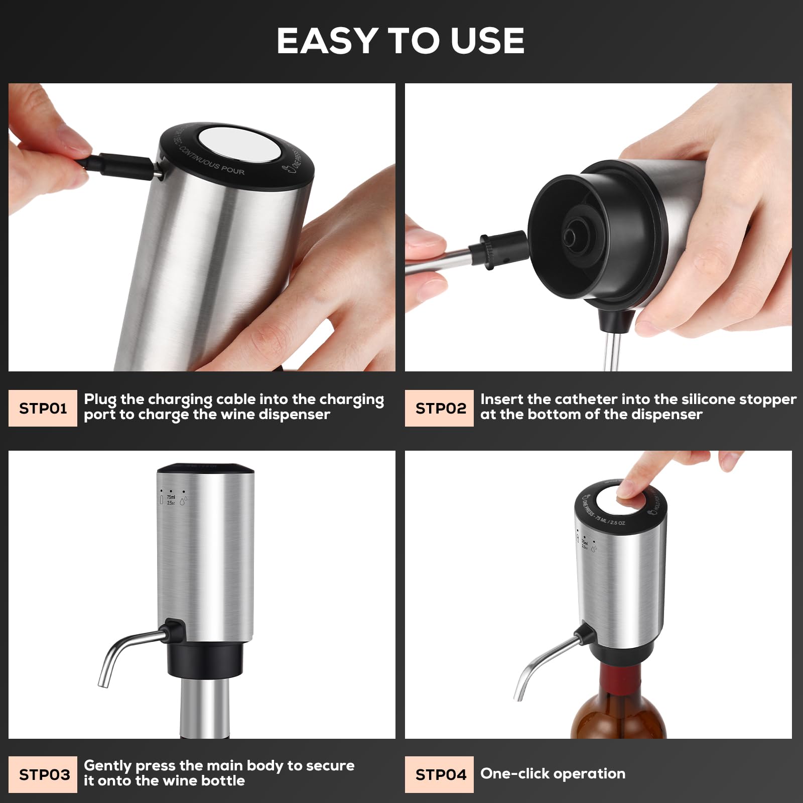 BLUBYEES Aérateur de vin électrique 3 en 1 automatique - Décanteur et distributeur de vin - Bec verseur rechargeable par USB avec contrôle précis du versement - Cadeau pour les amateurs de vin pour