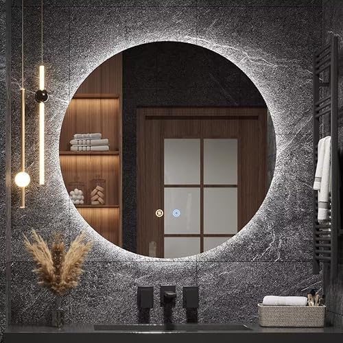 Moonee Espejo de baño LED redondo, espejo retroiluminado de 32 pulgadas, espejo de luz LED de 3 colores, antivaho, sin marco, regulable, CRI90+,