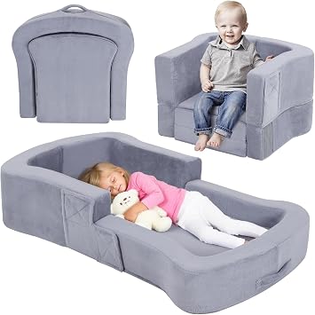 whiffee Portable Toddler Travel Bed, 2-in-1 Foldable Toddler Bed Sofa, Soft Kids Travel Floor Beds Cot with Washable Covers Safety Foam Raised Sides for Home Grandmas House Road Trips Camping Hotel