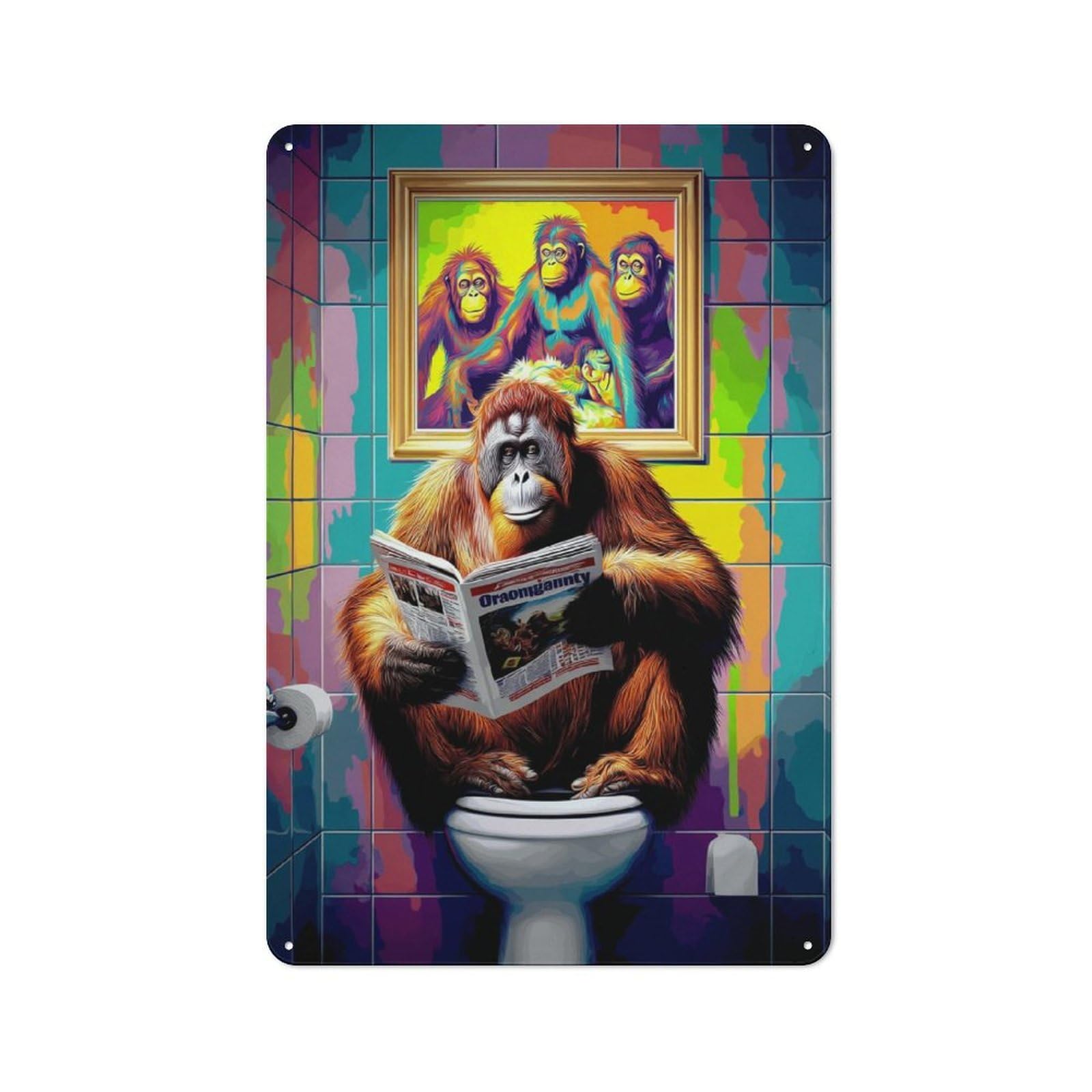 Junmoney Orangutan Reading Newspaper In Colorful Bathr Oom Vintage Metal Sign 30X20cm, Nostalgic Pub Wall Decor For Pub, Home Bar, Shed Or Man Cave