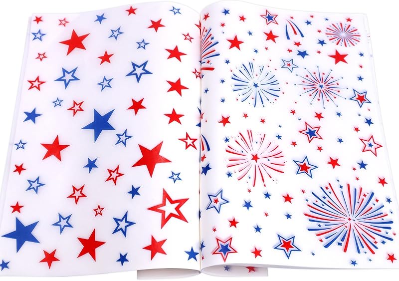 WorldBazaar Hojas de papel encerado del 4 de julio, 100 unidades, papel de pergamino para fuegos artificiales, papel patriótico para envolver alimentos, revestimiento para hornear con cera, suministros para fiestas del 4 de julio
