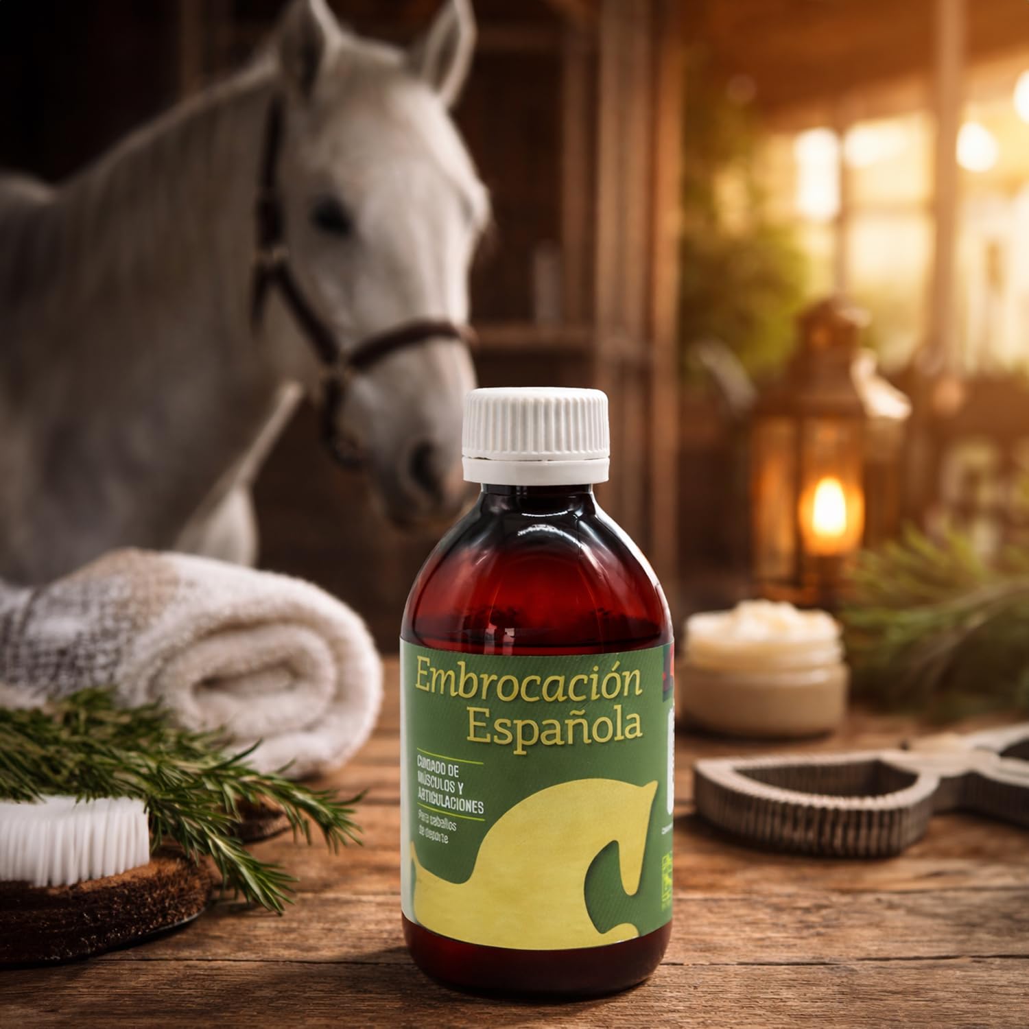 LABORATORIOS PINO Embrocación Española Analgésico Externo para Caballos – Trastornos Osteoarticulares, Musculares y Afecciones Respiratorias Leves – Acción Balsámica – Envase 250 ml