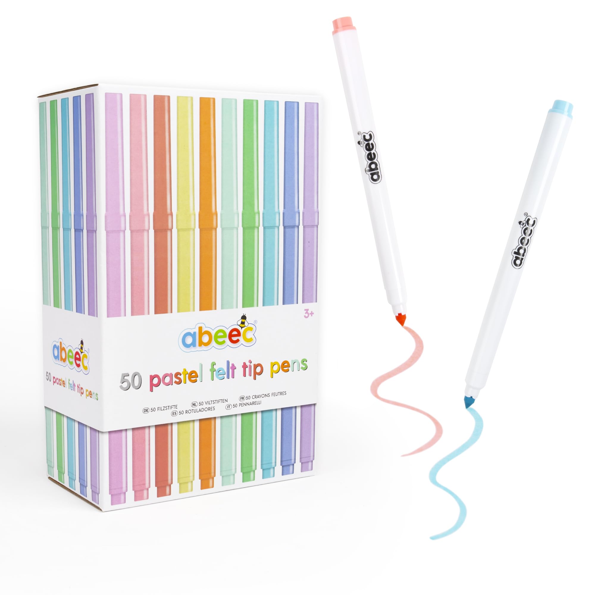 abeec 50 Pastel Felt Tip Pens for Kids 3-10, Different Colour Colouring Set for Arts and Crafts in a Box - Children's Art Supplies