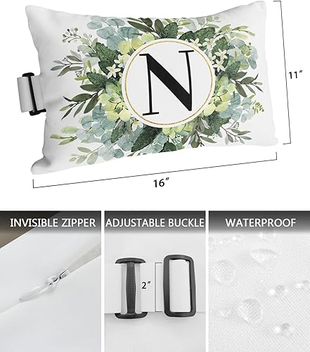 Miniatura 3 de Paquete de 2 fundas de almohada lumbares con hojas de eucalipto, con monograma de letra N para exteriores, impermeables, para exteriores, fundas