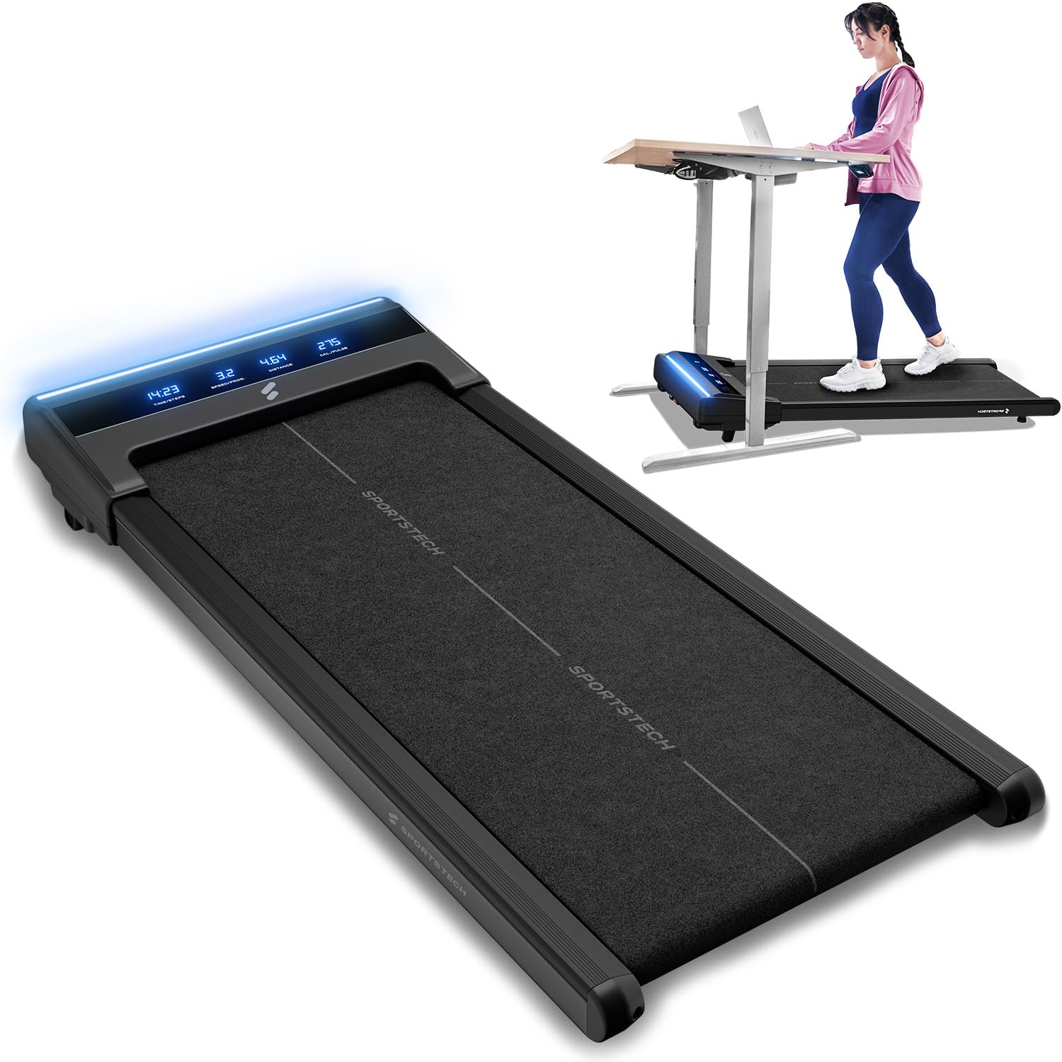Swalk Lite Walk Pad avec LED Interactive - jusqu'à 6 km/h - idéal pour Le Bureau à Domicile - avec 1 an d'App STL Incluse - Marque de qualité Allemande - Peu encombrant - Poids jusqu'à 120 kg