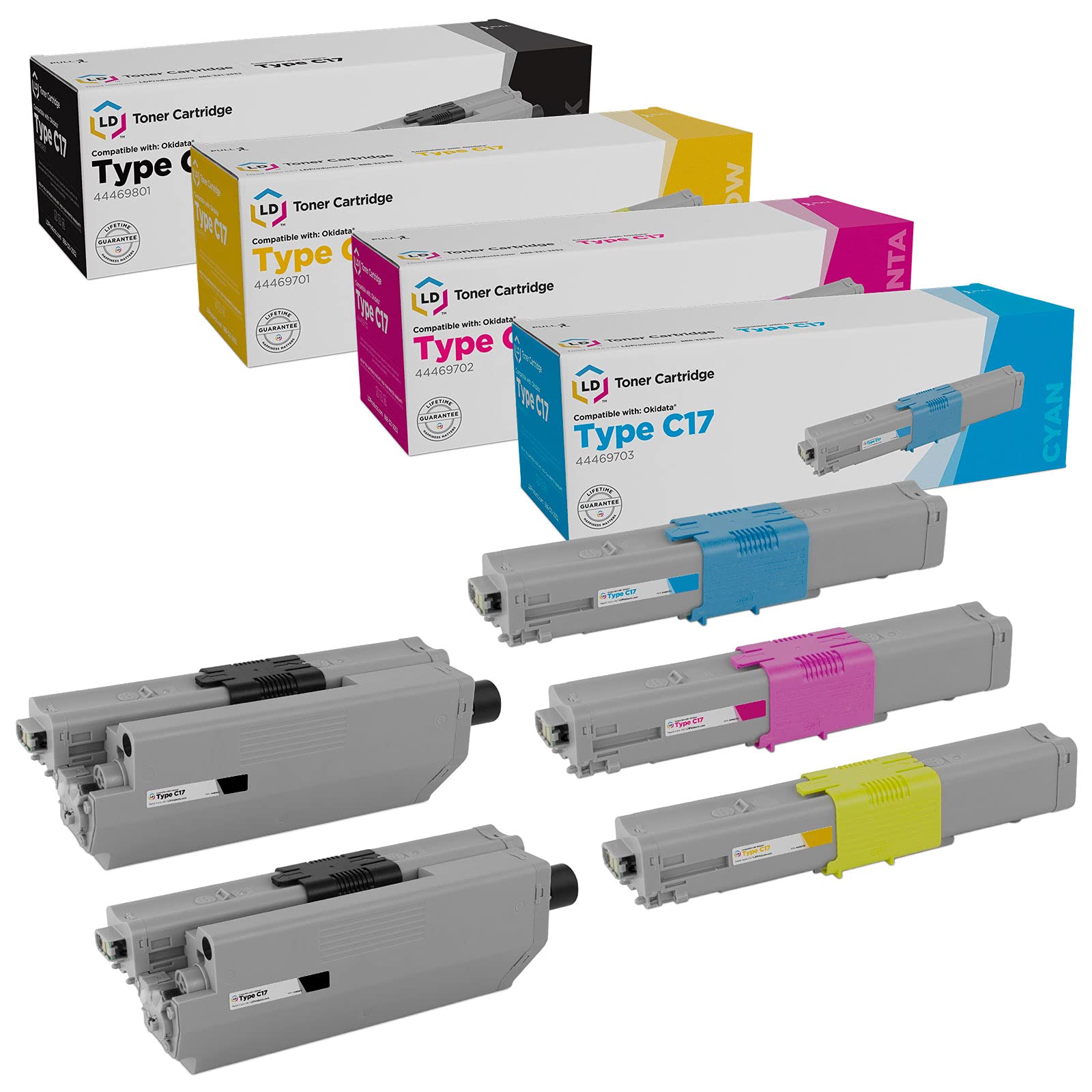 LD Products Compatible Replacement for Okidata Type C17 Toner Cartridge Set 44469801 44469703 44469702 44469701 (2 Black, 1 Cyan, 1 Magenta, 1 Yellow,