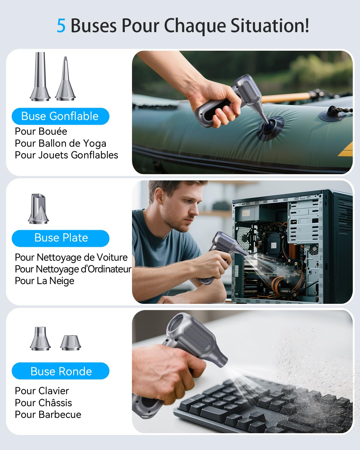 Souffleur Air Comprimé 200000 TR/Min, Mini Souffleur Sans Fil Puissant Souffleur Batterie avec 4 Vitesses, Lumière LED, Soufflette Électrique Nettoyage pour PC, Voiture, Clavier, Ordinateur, Feuille