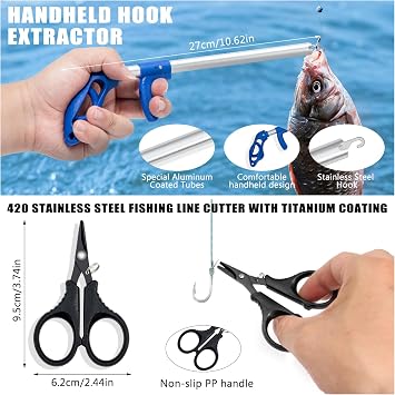 Fishing Tool Kit, 11 Pieces Fishing Gear, Fishing Pliers with Lanyard, Fillet Knife, Fish Lip Gripper, Fly Ice Fishing Hook Extractor, Anti-Cutting Gloves
