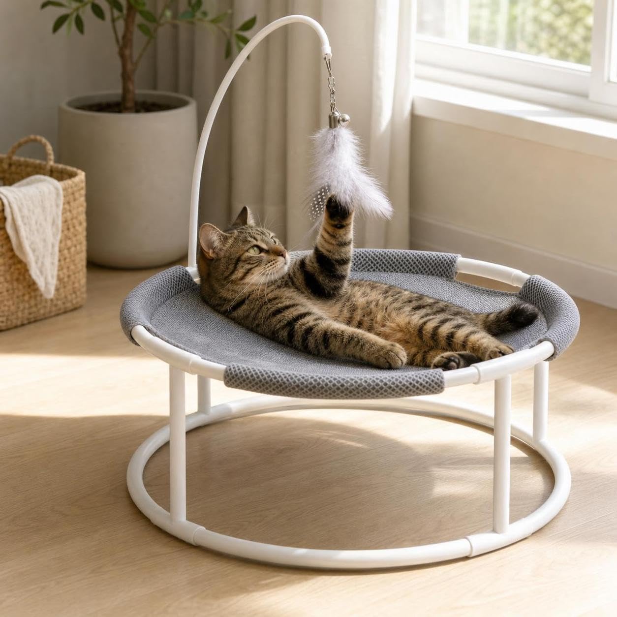 Amaca per Gatti e Cuccia per Animali Domestici, Lettino in Metallo Traspirante per Tutte le Stagioni, per gattini, Rosa chiaro, Con supporto rotondo da terra